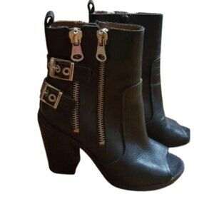 Sixtyseven leather lots of zippers chunky heel open toes booties boots